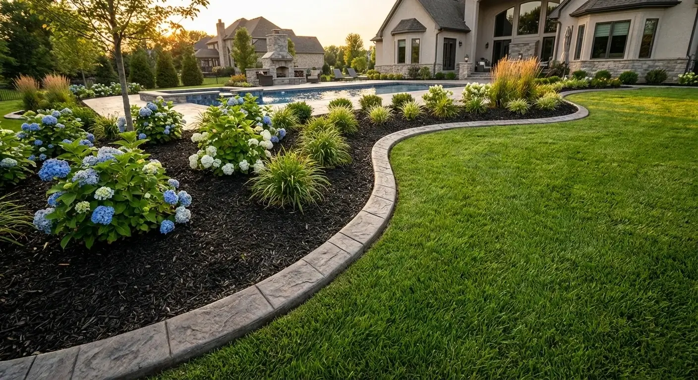 Concrete curbing with garden bed and lawn